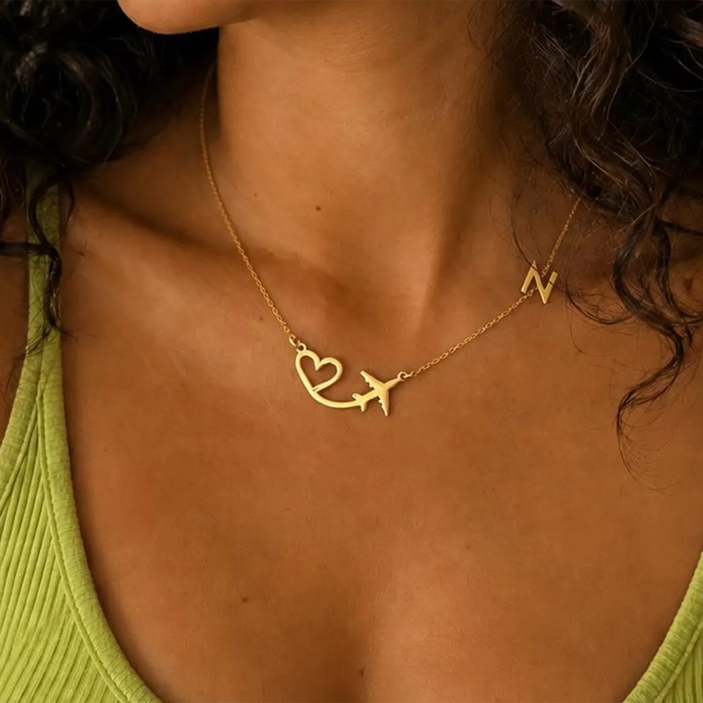 Custom Name Necklace Stainless Steel - قلادة مخصصة على شكل قلب وطائرة