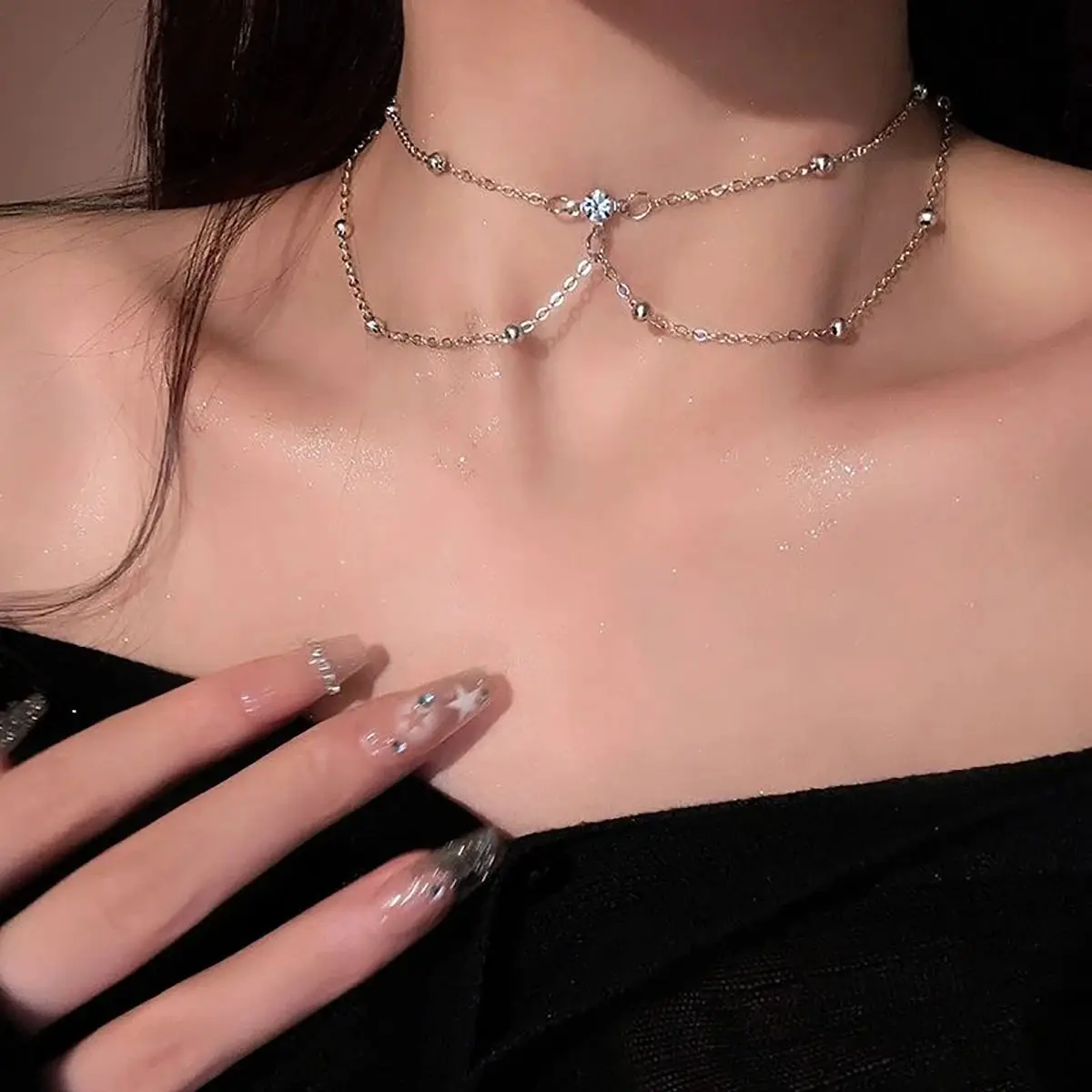 سلسلة جسم من حجر الراين اللامع - مراجعة Layered Pendant Necklace Aesthetic وسعره
